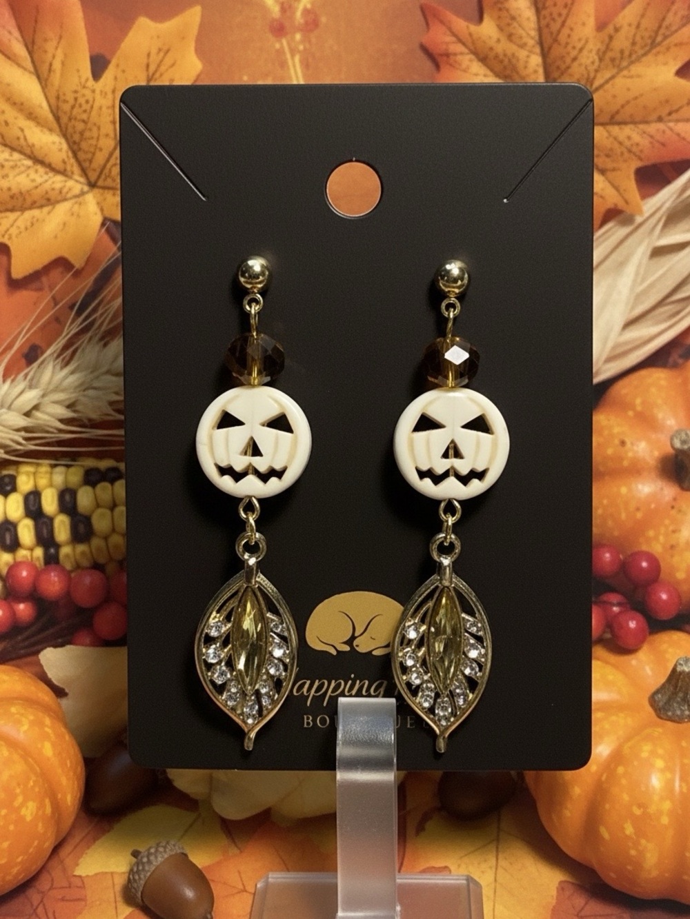 Jack-O’-Lantern & Crystal Leaf Dangle Earrings – Gold-Tone Halloween Earrings